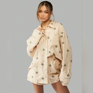 Beige Palm Tree Print Shirt and Shorts Set